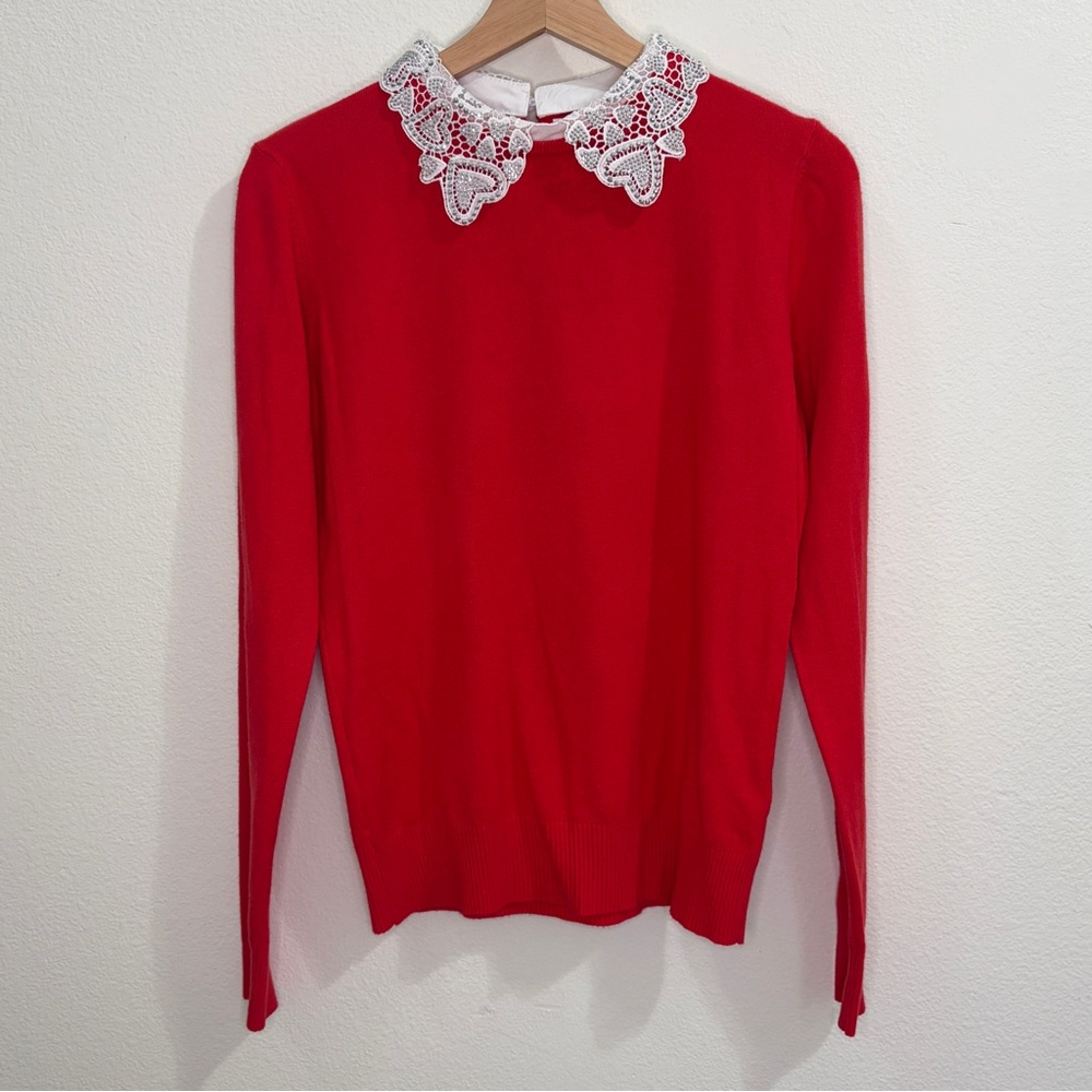 Sioni Milano Chic Embellished Heart Lace Collared Sweater - Cavell Red/White